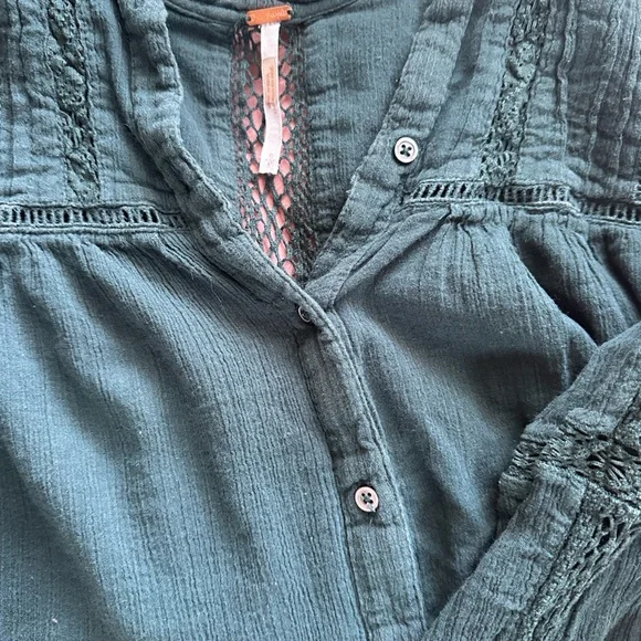Free People Teal Green Lace-Trim Button Front Peasant Blouse - Picture 2 of 4